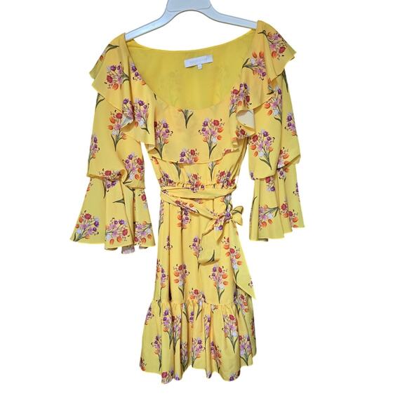 Borgo de Nor Yellow Floral Tulip Lily Mini Dress Size UK 8 US 4 - Picture 2 of 7